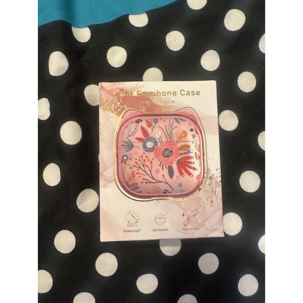 Pink Flower AirPods 4 Case/ Lock Cute Cat Ear Print Phone Holder Cleaning Kit